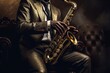 © Nataliia - Saxophone player Saxophonist playing jazz music instrument Jazz musician playing sax alto Generative AI