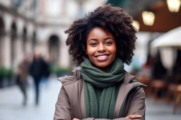 Happy African young woman wearing denim jacket laughing looking at camera standing on street. Smiling Afro American teen generation z hipster girl posing outdoor backlit with sunlight, Generative AI