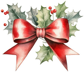 Wall Mural - watercolor christmas red bow transparent background