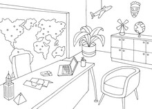 Travel Agency Office Interior Graphic Black White Sketch Illustration Vector 