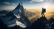 © Abdou - Sunset in the mountains with mountain climber celebrating success on top. Generative AI