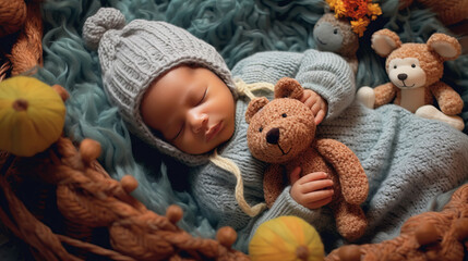  Professional photo shoot of a newborn baby in a knitted suit and a hat with ears, a baby sleeping in a soft location with toys in the form of a little bear cub. Created in AI.