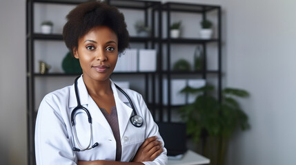 Wall Mural - Portrait of Afro American female doctor in uniform and stethoscope on blurred background of her office at clinic