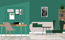 Typewriter On A Wooden Desk Standing In A Green Living Room Interior With Couch And Geometric Poster On The Wall
