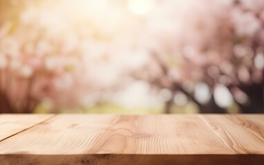 Wall Mural - empty wooden table for placing products with sakura tree background and blurred copy space