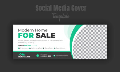 real estate company social media cover design template, modern house for sale promotion timeline pos