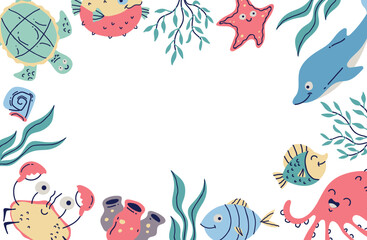  Sea animal marine life under water ocean background banner concept. Vector graphic design illustration