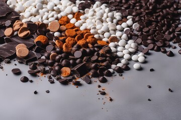 Banner with ingredients for cooking hot chocolate. White, milk and dark chocolate chips. Over gray background, copy space,Generative AI