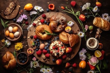 Easter breakfast flat lay with scrambled eggs bagels, orange tulips, bread toast with fried egg and green asparagus, colored quail eggs and spring holidays decorations. Top view.,Generative AI