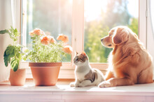 Dog And Cat As Best Friends On The Windowsill Looking Out Window Together Among Indoor Plants. Lifestyle With Pets At Home. Generative Ai Content