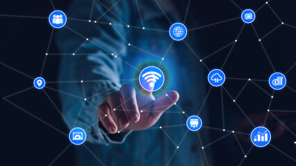 Wall Mural - smart business iot, internet of things concept. businessman touching iot icon on virtual screen, con