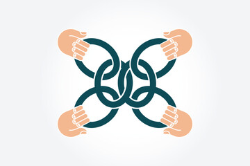 Many hands connect to a chain with Teamwork concept.hand holding metal chain icon in trendy flat style isolated on grey background.Vector illustration.