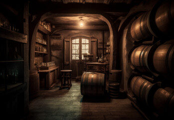 Vintage wooden storage of alcohol drinks. Wine cellar room with barrells. Generative AI.