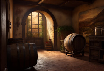 Alcohol drinks dark cellar room. Wooden barrells winery room. Generative AI.