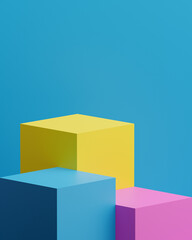 abstract 3D square podium, three layers,colorful yellow, pink, and blue