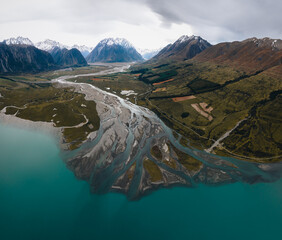 Wall Mural - new Zealand, View of Ben Ohau range and Lake Ohau from the aerial drone view with blue lake on cloudy day. South island.