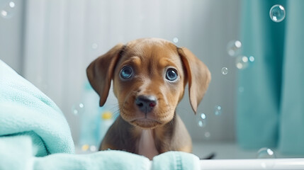 Portrait brown red labrador puppy with blue eyes in bathtub with foam and soap bubbles. Dog spa and grooming service concept. Generative AI