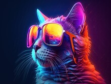 Stylish Cat In Trendy Glasses In Futuristic Style And Neon Colors. Generative AI Illustration. Printable Design For T-shirts, Mugs, Cases, Etc.