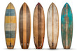 Collection of vintage wooden fishboard surfboard isolated on white with clipping path for object, retro styles, Generative AI