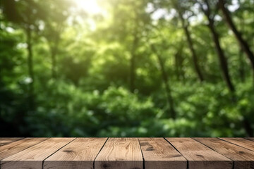 Poster - Wooden table top on blur green forest with bokeh background. High quality photo