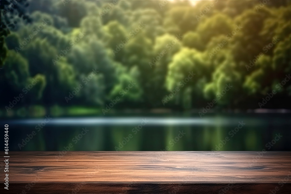The empty wooden table top with blur background of summer lakes green ...