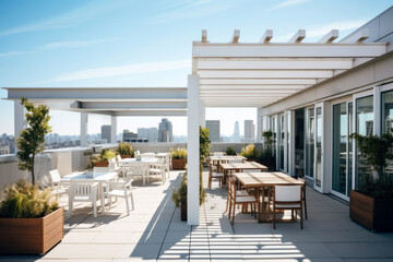 Restaurant terrace roof with tables and chairs overlooking the cityscape and skylines background. High quality photo