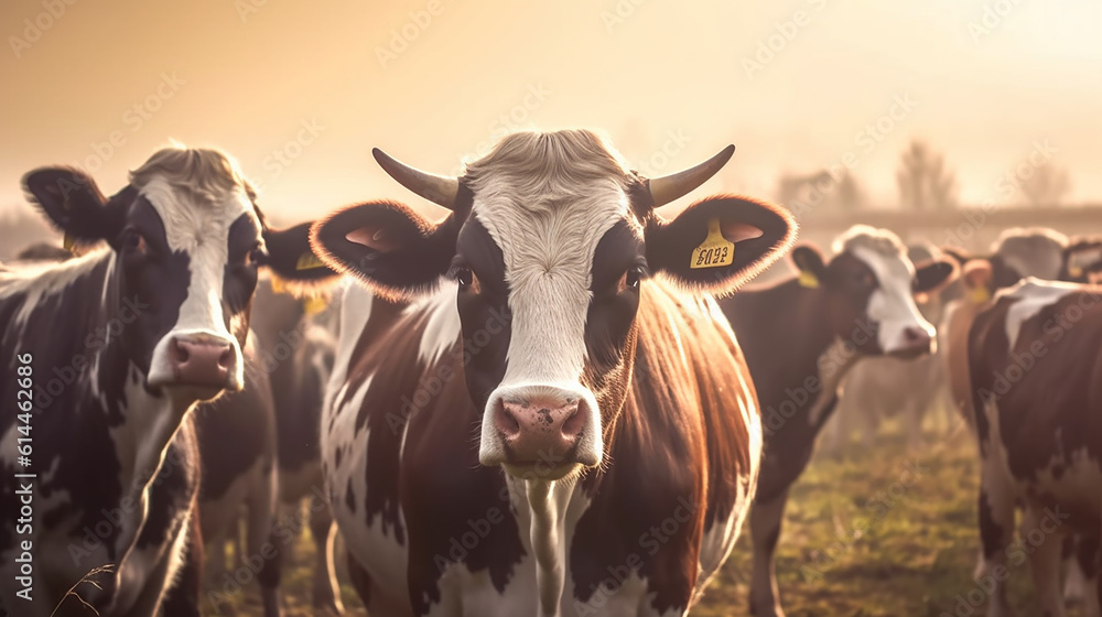 Generative AI image of serene pastoral scene: Content cows leisurely ...