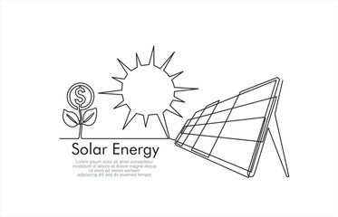 Wall Mural - Solar energy in continuous line art drawing style. Solar panels facing the Sun to collect heat by absorbing sunlight. Black linear design isolated on white background. Vector illustration