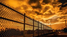 A Wire Fence Across The Desolate Outskirts Of The City, Dramatic Skies In The Style Of Golden Light. Generative AI