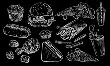 Set Of Fast Food. Drawn On Chalckboard Hamburger, French Fries, Coffee, Soda, Sauce, Pizza, Hot Dog, Nuggets, Sandwich, Burger, Ice Cream. Sketch Style Collection Of Street Food Isolated On Black Back