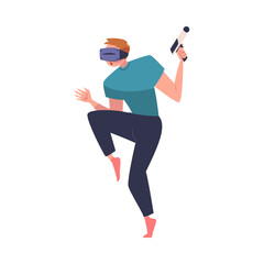 Sticker - Augmented Reality with Man Character with Weapon in Virtual Reality Glasses Playing Game on Simulator Vector Illustration