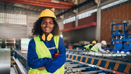 Portrait of industrial worker inspecting and check up machine at factory machines. Technician working in metal sheet at industry. Foreman checking Material or Machine.