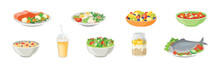 Oatmeal Jar, Salad Bowl, Soup, Fish, Juice And Porridge As Tasty Meal Vector Set