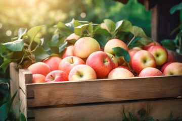 Wall Mural - Wooden box with freshly picked apples in apple garden. Generative AI.