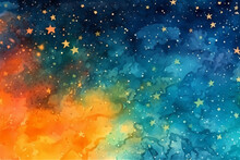 Colorful Blue And Yellow Red Watercolor Space Background. View Of Universe With Copy Space. Nebula Illustration.