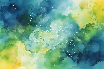Wall Mural - Emerald green and yellow watercolor space background. View of universe with copy space. Nebula illustration.
