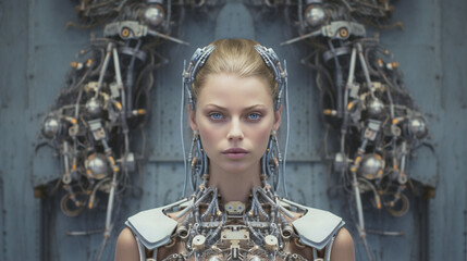 a robot or a woman half a robot with mechanical technological body parts and upgrades, transhumanism