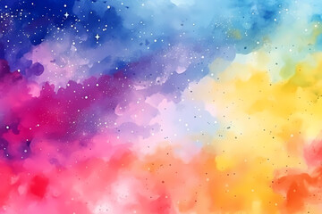 Wall Mural - Colorful purple, yellow and blue watercolor space background. View of universe with copy space. Nebula illustration.