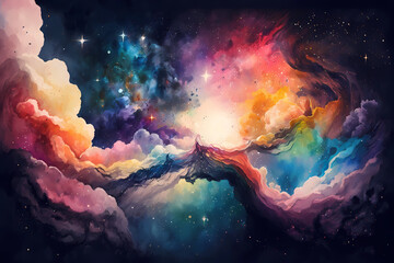 Wall Mural - Purple, orange and pink watercolor galaxy background with stars. View of universe with copy space. Nebula illustration.