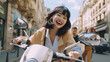 young adult woman riding a scooter, through an old town, happy facial expression, fictitious place