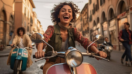 Poster - young adult woman riding a scooter, through an old town, happy facial expression, fictitious place