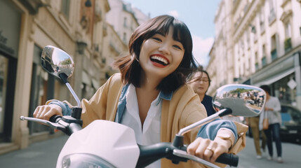 Poster - young adult woman riding a scooter, through an old town, happy facial expression, fictitious place