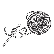 Vector Drawing In Doodle Style. A Ball Of Wool And A Hook. Knitting, Crochet, Hobby