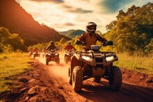A Close - Up Photo Of A Group Of People Riding ATV Vehicles On An Off - Road Track During A Touristic Adventure. Generative AI