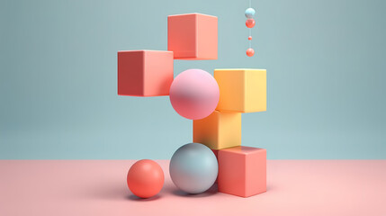 Three dimensional render of pastel colored cubes and floating sphere. Generative Ai