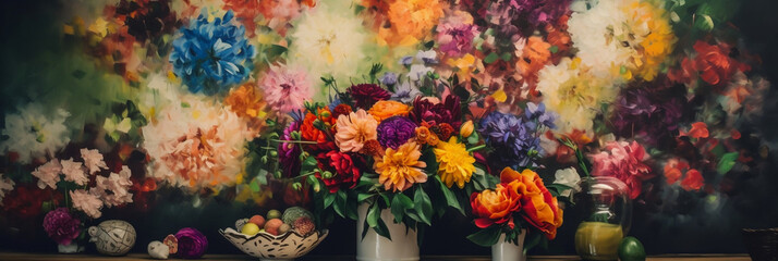 Poster - a bunch of flowers that are on a wall in a room with a painting on the wall behind them that is very colorful and colorful, Generative AI