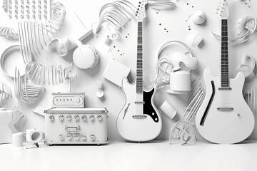 Wall Mural - white background musical style theme abstract musical instruments 3d mockup. Generative AI