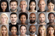 Collage of many multiracial people. Different age and ethnicity headshot portraits. AI