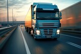 Fototapeta  - A close - up photo of a modern lorry in motion on a empty highway. Generative AI
