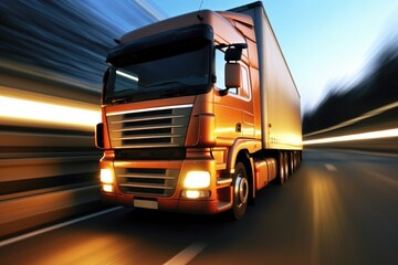 Wall Mural - A close - up photo of a modern lorry in motion on a empty highway. Generative AI